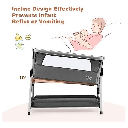  BABY JOY Bedside Bassinet, Portable Baby Crib w/Mattress, Two-Side Breathable Mesh, 7 Height Adjustable, Large Storage, Wheels for Easy Movement, Crib for Newborn Infant, Bassinet for Baby, Dark Grey