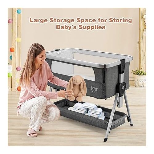  BABY JOY Bedside Bassinet, Portable Baby Crib w/Mattress, Two-Side Breathable Mesh, 7 Height Adjustable, Large Storage, Wheels for Easy Movement, Crib for Newborn Infant, Bassinet for Baby, Dark Grey