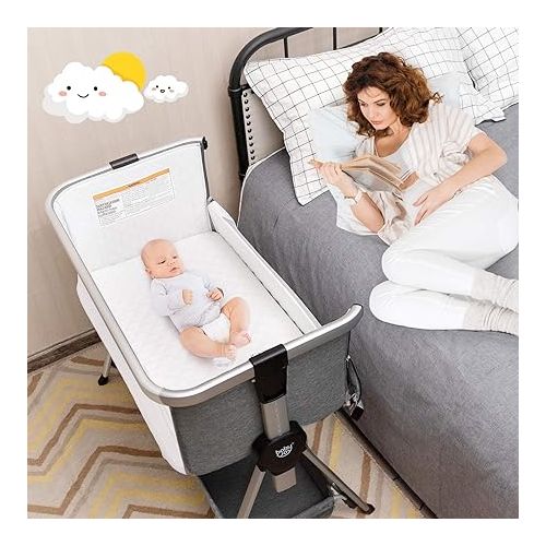  BABY JOY Bedside Bassinet, Portable Baby Crib w/Mattress, Two-Side Breathable Mesh, 7 Height Adjustable, Large Storage, Wheels for Easy Movement, Crib for Newborn Infant, Bassinet for Baby, Dark Grey