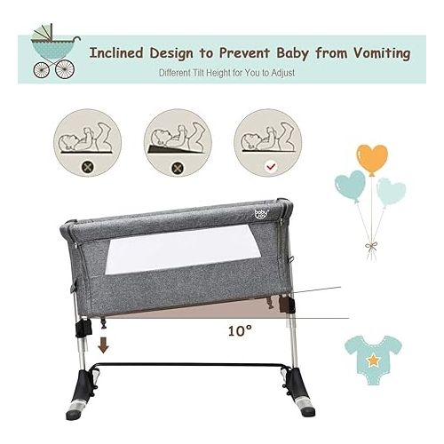  BABY JOY Baby Bedside Crib, Portable Travel Sleeper Bed Side Bassinet w/Carrying Bag, Newborn Bassinet to Infant, Kids Crib with Detachable Mattress, Height & Angle Adjustable, Breathable Mesh, Grey