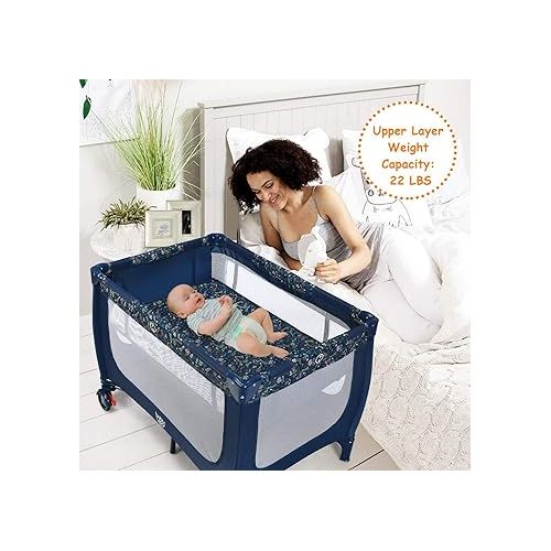  BABY JOY Portable Crib Baby Playard, Double Layer Pack and Play with Breathable Mattress, Lightweight Installation-Free Home Baby Playpen with Carry Bag, Foldable Travel Crib from Newborn to Toddlers