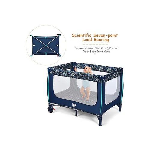  BABY JOY Portable Crib Baby Playard, Double Layer Pack and Play with Breathable Mattress, Lightweight Installation-Free Home Baby Playpen with Carry Bag, Foldable Travel Crib from Newborn to Toddlers