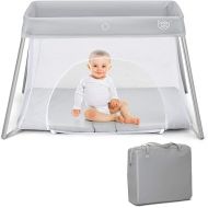 BABY JOY 2 in 1 Travel Crib with Side Zipper, Portable Pack and Play with Soft Washable Mattress, Lightweight Installation-Free Home Playard with Carry Bag, for Infants & Toddlers (Silver)
