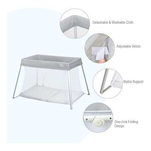  BABY JOY 2 in 1 Travel Crib with Side Zipper, Portable Pack and Play with Soft Washable Mattress, Lightweight Installation-Free Home Playard with Carry Bag, for Infants & Toddlers (Silver)