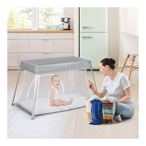  BABY JOY 2 in 1 Travel Crib with Side Zipper, Portable Pack and Play with Soft Washable Mattress, Lightweight Installation-Free Home Playard with Carry Bag, for Infants & Toddlers (Silver)