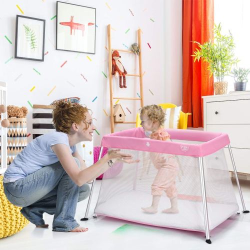  BABY JOY Baby Playpen, Ultra-Light Aluminum Portable Travel Crib with Comfy Mattress & Oxford...