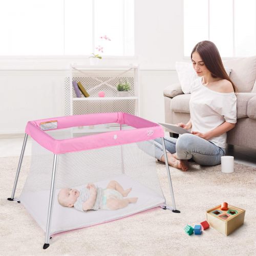  BABY JOY Baby Playpen, Ultra-Light Aluminum Portable Travel Crib with Comfy Mattress & Oxford...