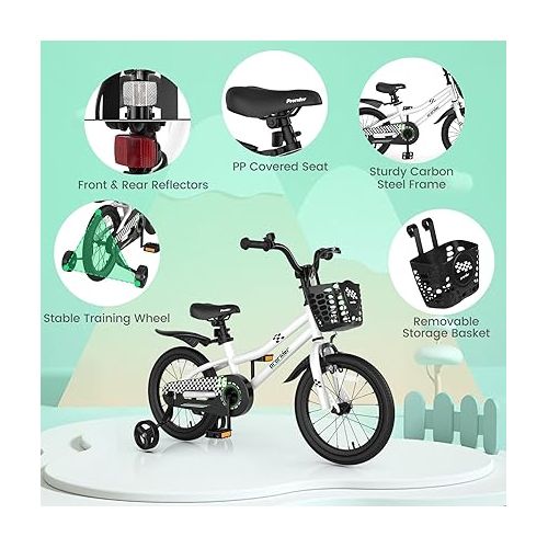  BABY JOY Kids Bike, 14 16 18 Inch Children Bikes for Boys Girls Age 3-8 Years w/Training Wheels, Handbrake, Coaster Brake & Removable Basket, Kids Bicycle of Multiple Colors