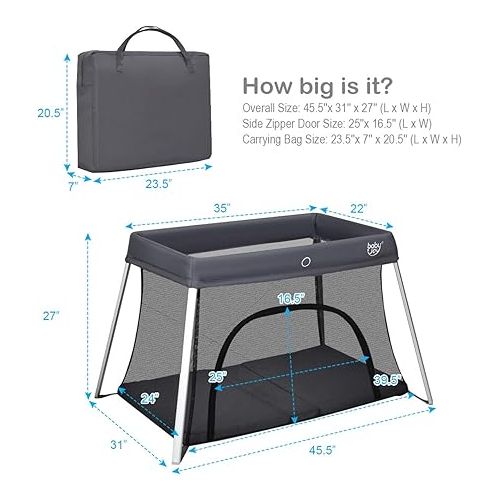  BABY JOY Baby Foldable Travel Crib, 2 in 1 Portable Playpen with Soft Washable Mattress, Side Zipper Design, Lightweight Installation-Free Home Playard with Carry Bag, for Infants & Toddlers (Grey)