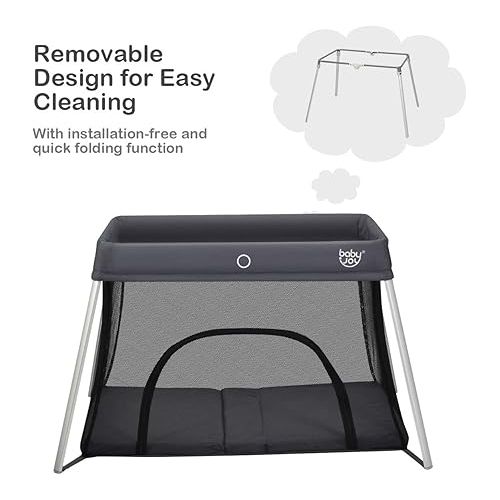  BABY JOY Baby Foldable Travel Crib, 2 in 1 Portable Playpen with Soft Washable Mattress, Side Zipper Design, Lightweight Installation-Free Home Playard with Carry Bag, for Infants & Toddlers (Grey)