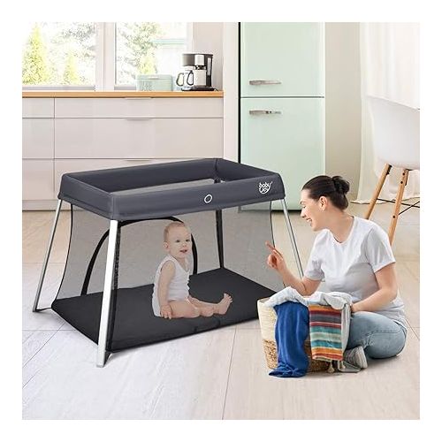  BABY JOY Baby Foldable Travel Crib, 2 in 1 Portable Playpen with Soft Washable Mattress, Side Zipper Design, Lightweight Installation-Free Home Playard with Carry Bag, for Infants & Toddlers (Grey)