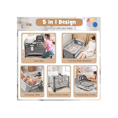  BABY JOY 4 in 1 Pack and Play, Portable Baby Playard with Bassinet & Diaper Changing Table, Infant Bassinet Baby Crib Activity Center with Toys & Oxford Bag from Newborn to Toddlers (Grey, Classic)