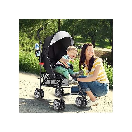  BABY JOY Lightweight Stroller, Compact Travel Stroller, Infant Stroller w/Adjustable Backrest & Canopy, Cup Holder, Storage Basket, 5-Point Harness, Easy Fold, Umbrella Stroller for Toddler, Black
