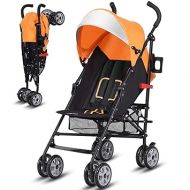 BABY JOY Lightweight Stroller, Compact Travel Stroller, Infant Stroller w/Adjustable Backrest & Canopy, Cup Holder, Storage Basket, 5-Point Harness, Easy Fold, Umbrella Stroller for Toddler, Orange