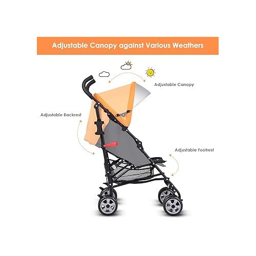  BABY JOY Lightweight Stroller, Compact Travel Stroller, Infant Stroller w/Adjustable Backrest & Canopy, Cup Holder, Storage Basket, 5-Point Harness, Easy Fold, Umbrella Stroller for Toddler, Orange