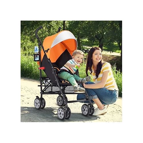  BABY JOY Lightweight Stroller, Compact Travel Stroller, Infant Stroller w/Adjustable Backrest & Canopy, Cup Holder, Storage Basket, 5-Point Harness, Easy Fold, Umbrella Stroller for Toddler, Orange