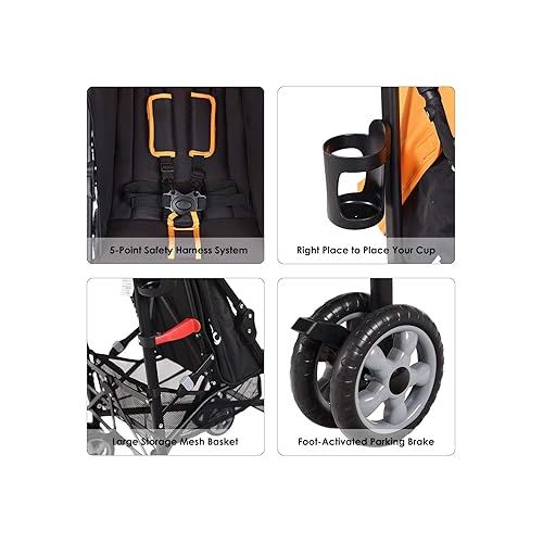  BABY JOY Lightweight Stroller, Compact Travel Stroller, Infant Stroller w/Adjustable Backrest & Canopy, Cup Holder, Storage Basket, 5-Point Harness, Easy Fold, Umbrella Stroller for Toddler, Orange