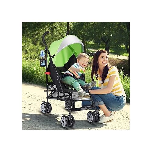  BABY JOY Lightweight Stroller, Compact Travel Stroller, Infant Stroller w/Adjustable Backrest & Canopy, Cup Holder, Storage Basket, 5-Point Harness, Easy Fold, Umbrella Stroller for Toddler, Green