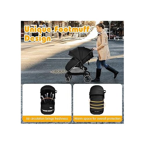  BABY JOY Baby Stroller, High Landscape Infant Carriage Newborn Pushchair with Foot Cover, Cup Holder, 5-Point Harness, Adjustable Backrest & Canopy, Suspension Wheels, Easy One-Hand Fold (Black)