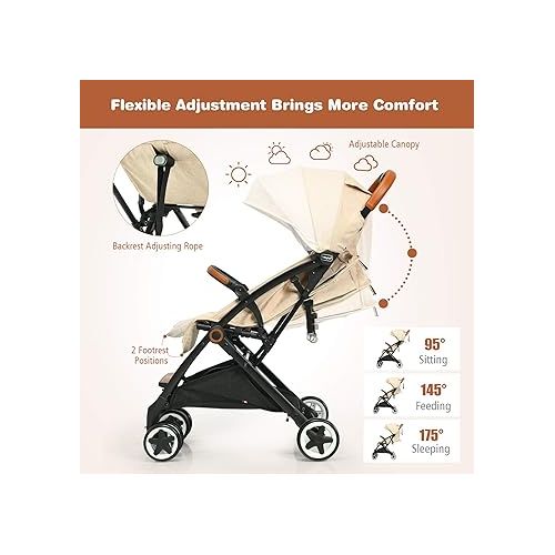  BABY JOY Lightweight Baby Stroller, Compact Toddler Travel Stroller for Airplane, Infant Stroller w/ 5-Point Harness, Adjustable Backrest/Footrest/Canopy, Storage Basket, Easy One-Hand Fold, Beige