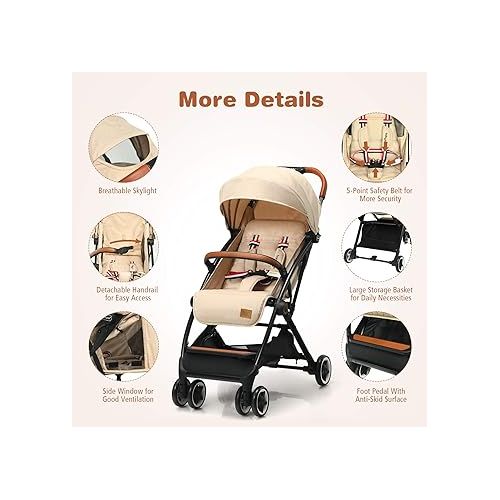  BABY JOY Lightweight Baby Stroller, Compact Toddler Travel Stroller for Airplane, Infant Stroller w/ 5-Point Harness, Adjustable Backrest/Footrest/Canopy, Storage Basket, Easy One-Hand Fold, Beige