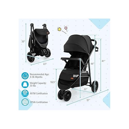  BABY JOY Jogging Stroller, Jogger Travel System with 5-Point Safety Harness, Adjustable Canopy/Backrest/Footrest, Storage Basket & Pocket, Lightweight Baby Stroller for Newborn Toddlers (Black)