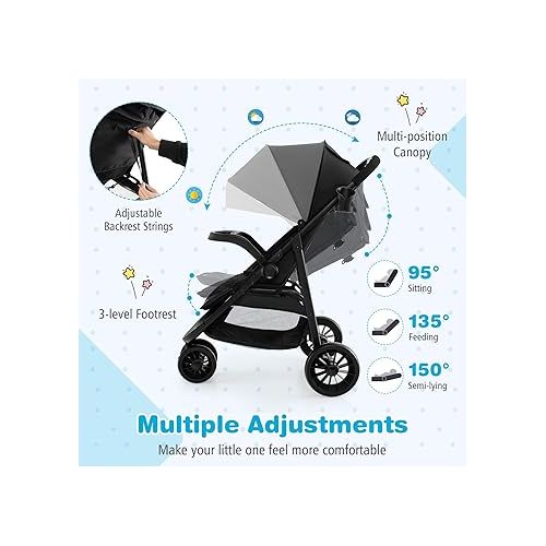  BABY JOY Jogging Stroller, Jogger Travel System with 5-Point Safety Harness, Adjustable Canopy/Backrest/Footrest, Storage Basket & Pocket, Lightweight Baby Stroller for Newborn Toddlers (Black)