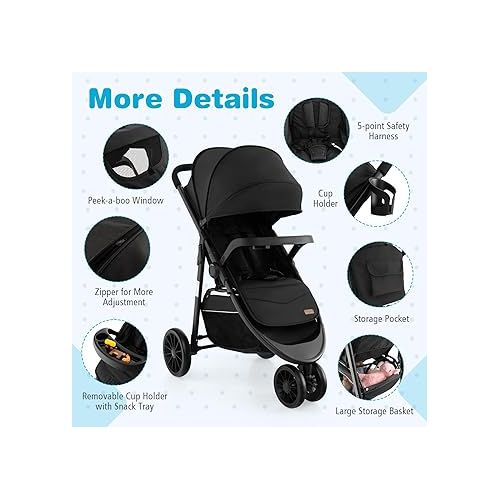  BABY JOY Jogging Stroller, Jogger Travel System with 5-Point Safety Harness, Adjustable Canopy/Backrest/Footrest, Storage Basket & Pocket, Lightweight Baby Stroller for Newborn Toddlers (Black)