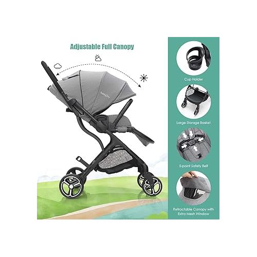  BABY JOY Baby Stroller, Front Rear Facing Toddler Carriage w/Convertible Seat, Cup Holder, 5-Point Harness, Adjustable Handle/Canopy/Backrest, Storage Basket, One-Step Brake Foldable Stroller (Gray)