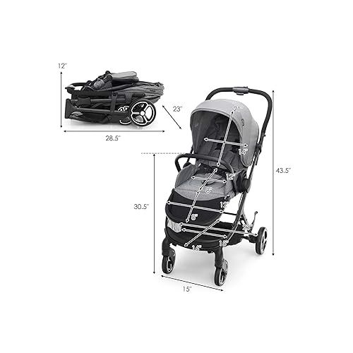  BABY JOY Baby Stroller, Front Rear Facing Toddler Carriage w/Convertible Seat, Cup Holder, 5-Point Harness, Adjustable Handle/Canopy/Backrest, Storage Basket, One-Step Brake Foldable Stroller (Gray)