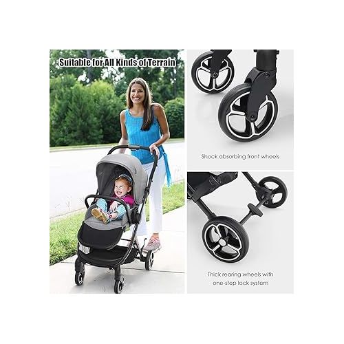  BABY JOY Baby Stroller, Front Rear Facing Toddler Carriage w/Convertible Seat, Cup Holder, 5-Point Harness, Adjustable Handle/Canopy/Backrest, Storage Basket, One-Step Brake Foldable Stroller (Gray)