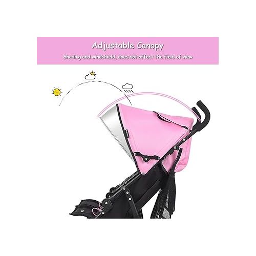  BABY JOY Double Light-Weight Stroller, Travel Foldable Design, Twin Umbrella Stroller with 5-Point Harness, Cup Holder, Sun Canopy for Baby, Toddlers (Pink)