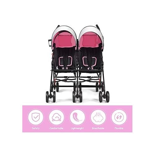  BABY JOY Double Light-Weight Stroller, Travel Foldable Design, Twin Umbrella Stroller with 5-Point Harness, Cup Holder, Sun Canopy for Baby, Toddlers (Pink)