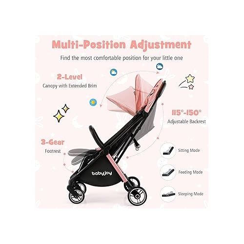  BABY JOY Lightweight Baby Stroller, Compact Travel Stroller for Airplane, Infant Toddler Stroller w/Adjustable Backrest & Canopy, Storage Basket, Self Standing Gravity Fold, Aluminium Frame (Pink)