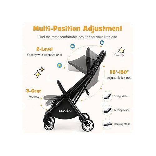  BABY JOY Lightweight Baby Stroller, Compact Travel Stroller for Airplane, Infant Toddler Stroller w/Adjustable Backrest & Canopy, Storage Basket, Self Standing Gravity Fold, Aluminium Frame (Black)