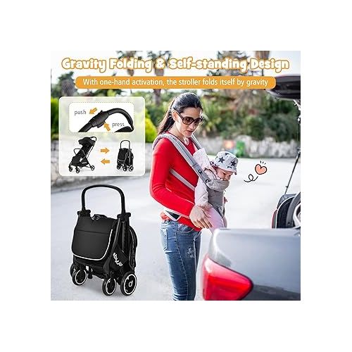  BABY JOY Lightweight Baby Stroller, Compact Travel Stroller for Airplane, Infant Toddler Stroller w/Adjustable Backrest & Canopy, Storage Basket, Self Standing Gravity Fold, Aluminium Frame (Black)