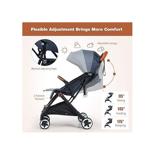  BABY JOY Lightweight Baby Stroller, Compact Toddler Travel Stroller for Airplane, Infant Stroller w/ 5-Point Harness, Adjustable Backrest/Footrest/Canopy, Storage Basket, Easy One-Hand Fold, Blue