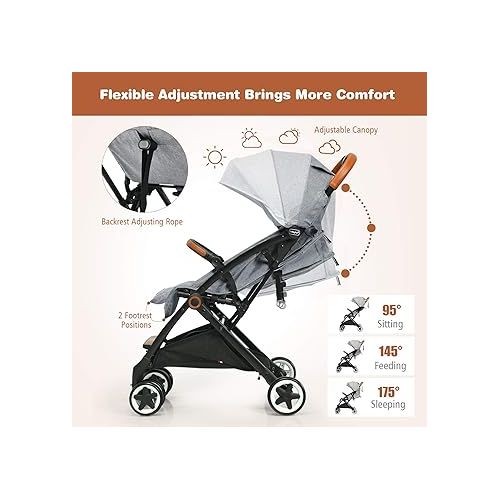  BABY JOY Lightweight Baby Stroller, Compact Toddler Travel Stroller for Airplane, Infant Stroller w/ 5-Point Harness, Adjustable Backrest/Footrest/Canopy, Storage Basket, Easy One-Hand Fold, Gray