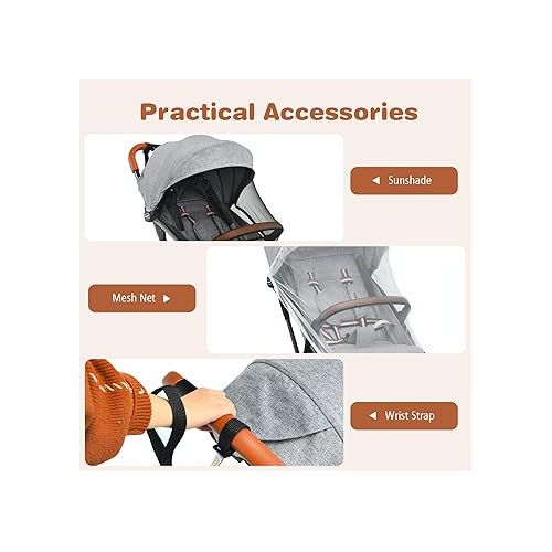  BABY JOY Lightweight Baby Stroller, Compact Toddler Travel Stroller for Airplane, Infant Stroller w/ 5-Point Harness, Adjustable Backrest/Footrest/Canopy, Storage Basket, Easy One-Hand Fold, Gray