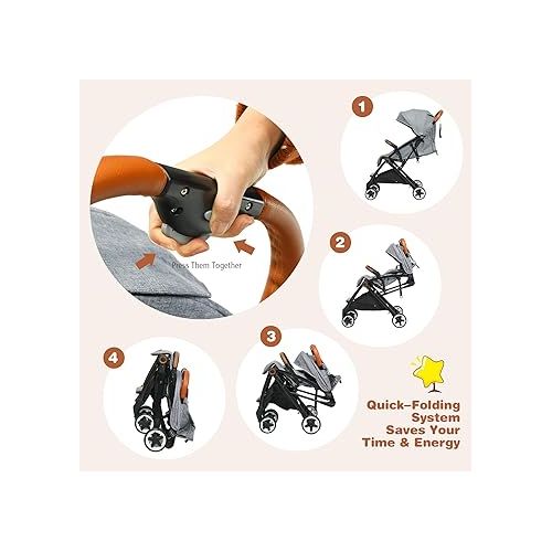  BABY JOY Lightweight Baby Stroller, Compact Toddler Travel Stroller for Airplane, Infant Stroller w/ 5-Point Harness, Adjustable Backrest/Footrest/Canopy, Storage Basket, Easy One-Hand Fold, Gray