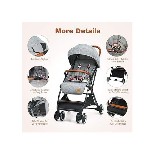  BABY JOY Lightweight Baby Stroller, Compact Toddler Travel Stroller for Airplane, Infant Stroller w/ 5-Point Harness, Adjustable Backrest/Footrest/Canopy, Storage Basket, Easy One-Hand Fold, Gray