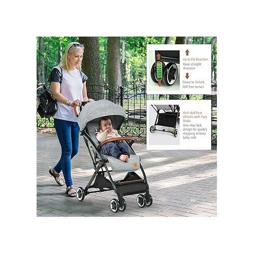  BABY JOY Lightweight Baby Stroller, Compact Toddler Travel Stroller for Airplane, Infant Stroller w/ 5-Point Harness, Adjustable Backrest/Footrest/Canopy, Storage Basket, Easy One-Hand Fold, Gray