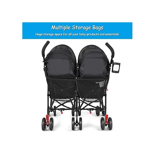  BABY JOY Double Light-Weight Stroller, Travel Foldable Design, Twin Umbrella Stroller with 5-Point Harness, Cup Holder, Sun Canopy for Baby, Toddlers (Black)