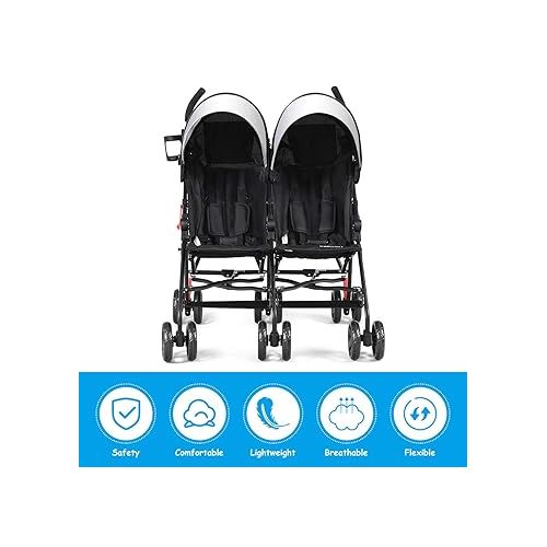  BABY JOY Double Light-Weight Stroller, Travel Foldable Design, Twin Umbrella Stroller with 5-Point Harness, Cup Holder, Sun Canopy for Baby, Toddlers (Black)