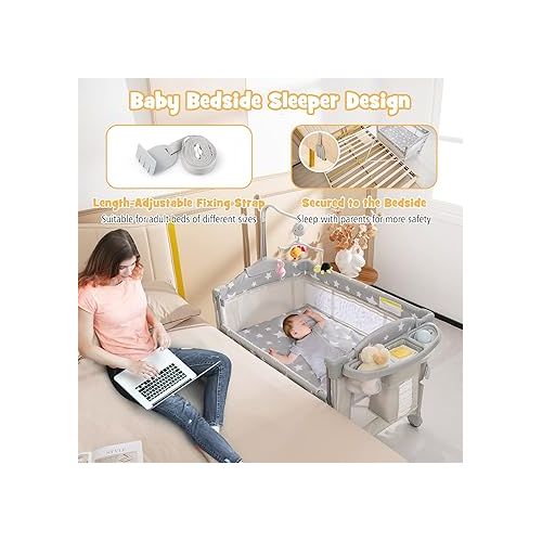  BABY JOY 5-in-1 Pack and Play, Portable Baby Bedside Sleeper with Bassinet, U-Shaped Diaper Changer, Safety Strap, Side Zipper Entrance, Hangings, Bedside Crib Playard from Newborn to Toddlers (Beige)