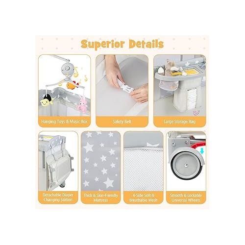  BABY JOY 5-in-1 Pack and Play, Portable Baby Bedside Sleeper with Bassinet, U-Shaped Diaper Changer, Safety Strap, Side Zipper Entrance, Hangings, Bedside Crib Playard from Newborn to Toddlers (Beige)