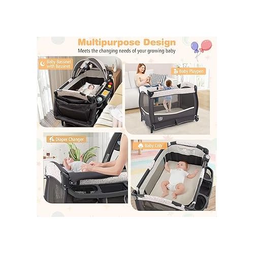  BABY JOY 4 in 1 Pack and Play, Portable Baby Playard with Bassinet & Flip-away Changing Table, Canopy, Infant Bassinet Activity Center with Storage Basket, Oxford Bag from Newborn to Toddlers (Floral)