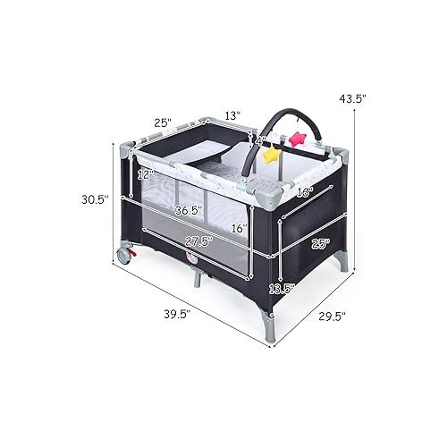  BABY JOY Pack and Play, 3 in 1 Double Layer Portable Baby Playard with Bassinet, Changing Table, Lightweight Installation-Free Playpen with Large Capacity Storage Shelf, Oxford Carry Bag (Bear)