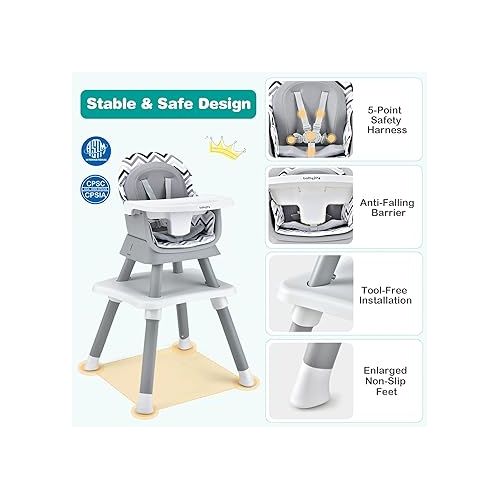  BABY JOY Baby High Chair, 8 in 1 Convertible Highchair for Babies & Toddlers | Booster Seat | Table and Chair Set | Building Block Table | Toddler Chair with Safety Harness, Removable Tray (Chevron)