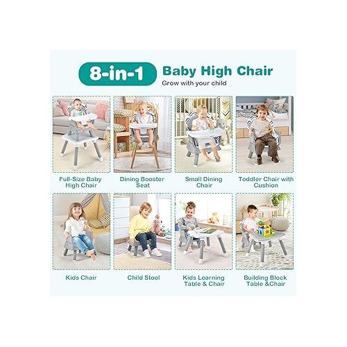  BABY JOY Baby High Chair, 8 in 1 Convertible Highchair for Babies & Toddlers | Booster Seat | Table and Chair Set | Building Block Table | Toddler Chair with Safety Harness, Removable Tray (Chevron)